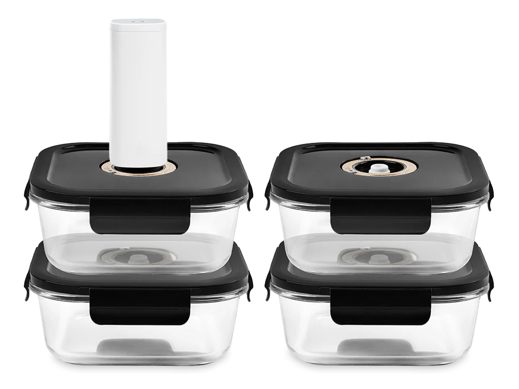 QUADRATISCHER VACUUM-GLASBEHÄLTER – 1230ML – SET – 4TLG